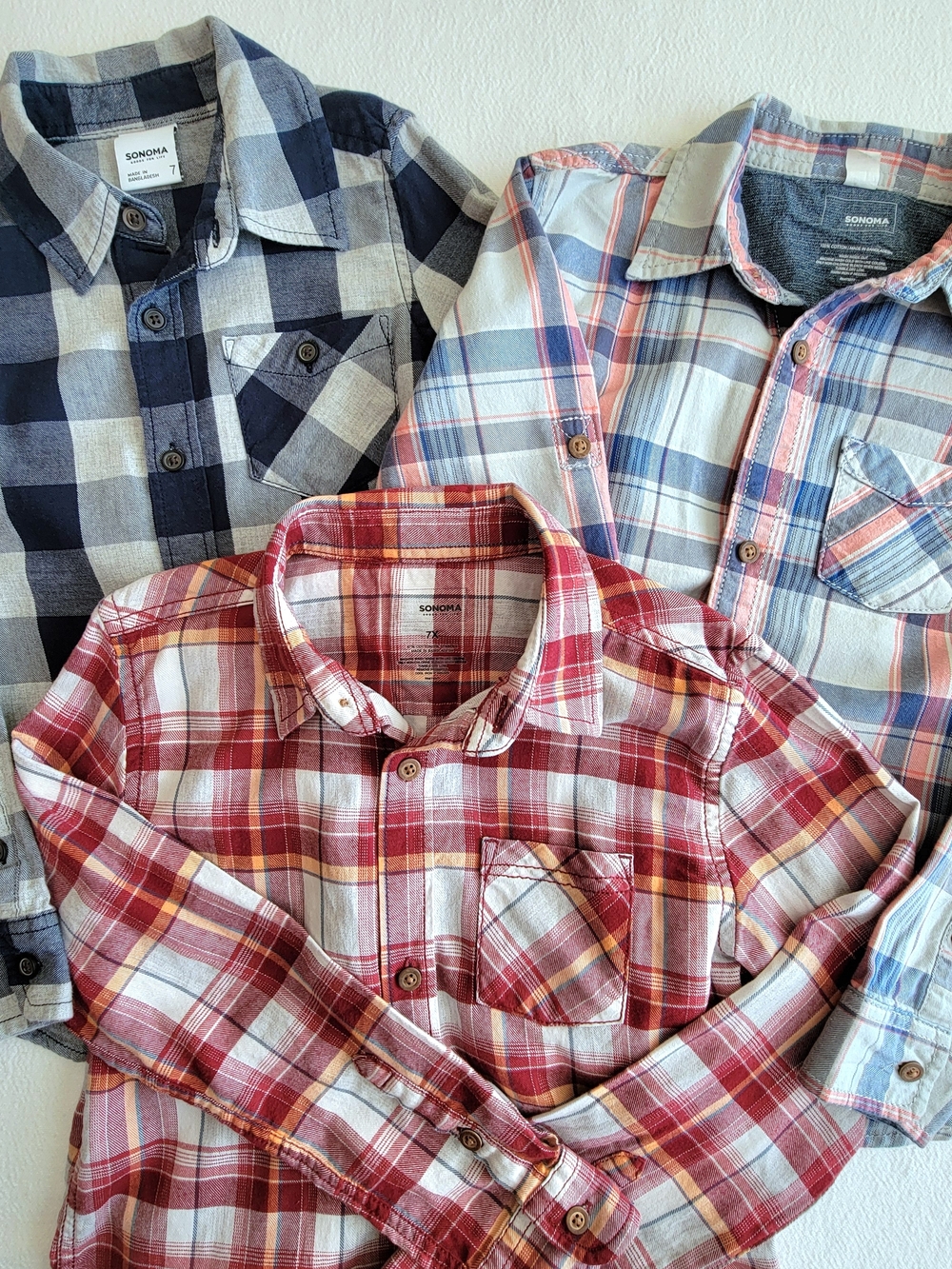 Lot of 3 Boys Long Sleeve Plaid Button Up Shirts Size 7 7X Sonoma